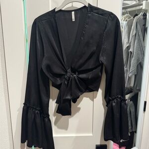 Elegant Black Satin Tie-Front Top